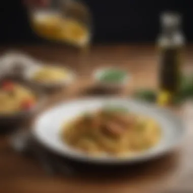 An Exquisite Dining Experience with Olive Oil Pasta An elegant dining setting featuring a pasta dish drizzled with high-quality olive oil