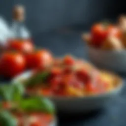 A vibrant bowl of Pastasciutta Pomodoro showcasing fresh ingredients and rich sauce