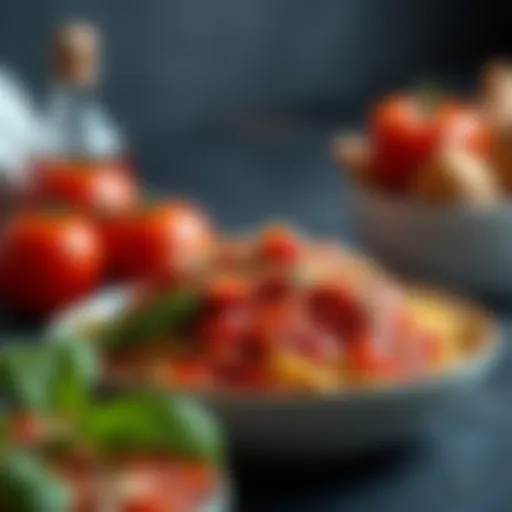 A vibrant bowl of Pastasciutta Pomodoro showcasing fresh ingredients and rich sauce