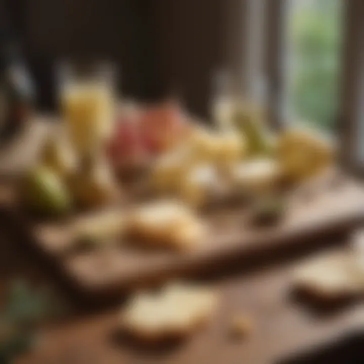 A rustic kitchen table set with a cheese board, pears, and a glass of Chardonnay