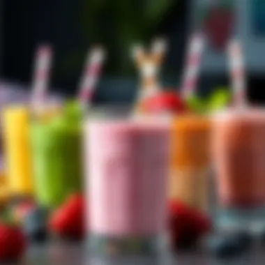 A variety of smoothie blends in clear glass cups showcasing colors and textures