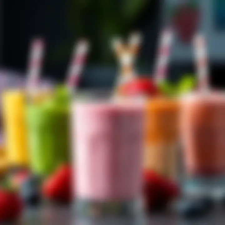 A variety of smoothie blends in clear glass cups showcasing colors and textures