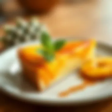Decadent Pineapple Tart An elegant dessert plate with pineapple tart topped with a caramel glaze and mint leaves.