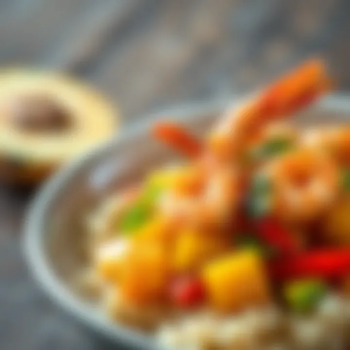 Shrimp and Pineapple Stir-Fry A colorful stir-fry with pineapple pieces, bell peppers, and succulent shrimp, garnished with herbs.