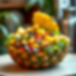 A vibrant tropical salad featuring fresh pineapple chunks, mixed greens, and colorful vegetables.