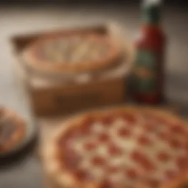 A delivery box with a pizza and a side of dipping sauces ready to enjoy.