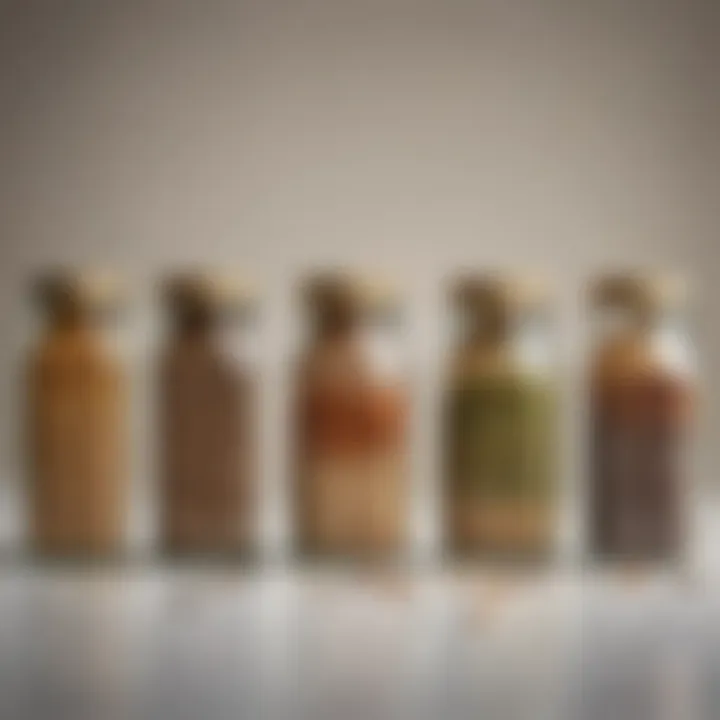 An array of seeds including chia, flaxseed, and pumpkin seeds displayed in small glass jars