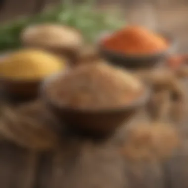 A colorful assortment of whole grains including quinoa, brown rice, and barley on a rustic table