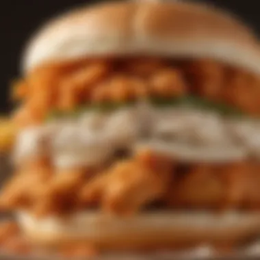 Close-up of a delicious Popeyes chicken sandwich with fresh ingredients