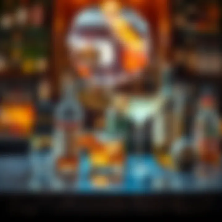 Artistic arrangement of cocktail ingredients on a bar counter