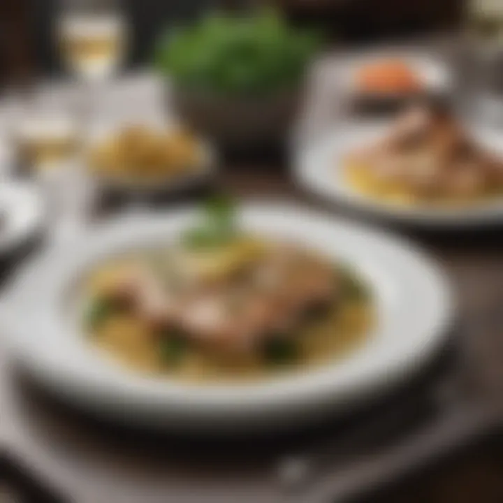 A well-set dining table featuring pork piccata and complementary side dishes