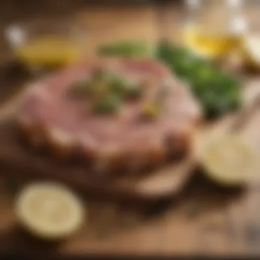 Essential ingredients for pork piccata displayed on a rustic wooden table