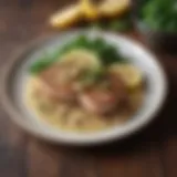 A beautifully plated pork piccata garnished with fresh herbs and lemon slices