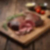 Close-up of venison steaks displayed on a rustic wooden board