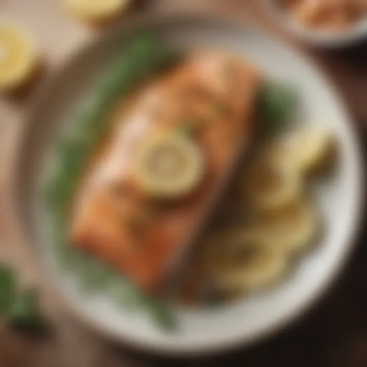 An elegant plate of baked salmon garnished with herbs and lemon slices