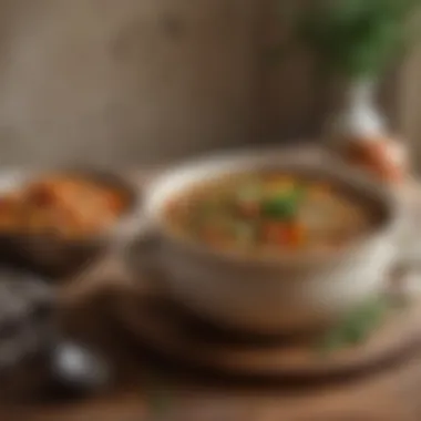 A hearty lentil stew filled with various vegetables and spices in a rustic bowl