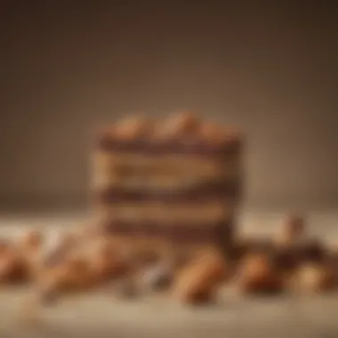 A close-up of a nutrient-dense protein bar with visible ingredients like nuts and chocolate.