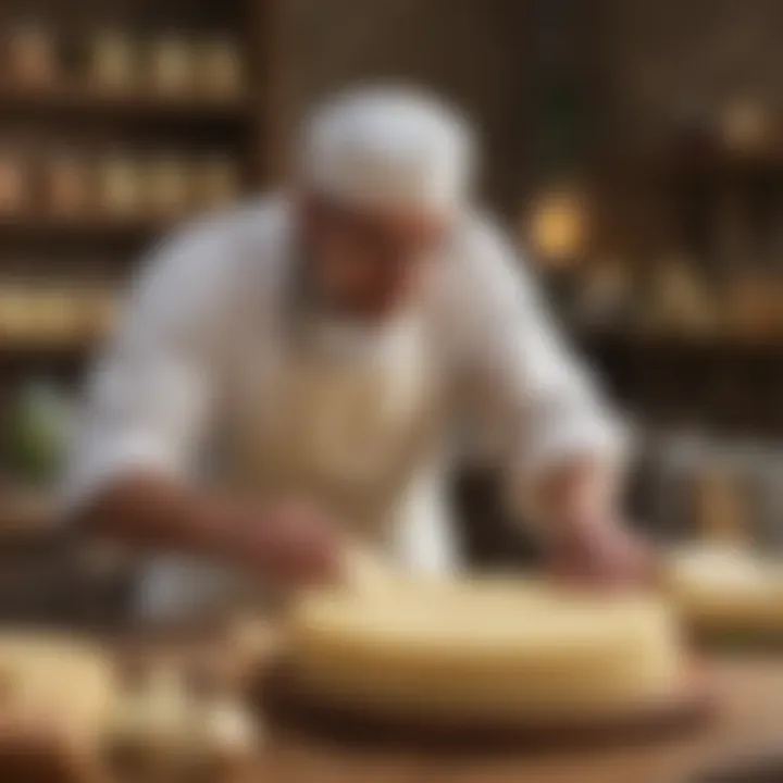 An artisan cheesemaker carefully crafting provolone in a traditional Italian setting.