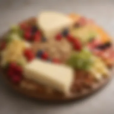 A beautifully arranged platter of provolone cheese alongside an array of fresh fruits and nuts.