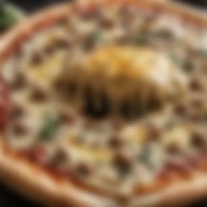 A close-up of a melting provolone cheese on a gourmet vegetarian pizza.