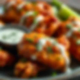 A close-up view of succulent chicken wings coated in creamy ranch dressing, garnished with fresh herbs