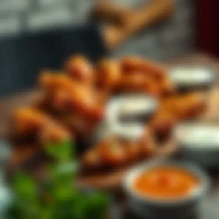 Wings Platter with Dipping Sauces An array of chicken wings served on a rustic wooden platter, showcasing a variety of dipping sauces including ranch