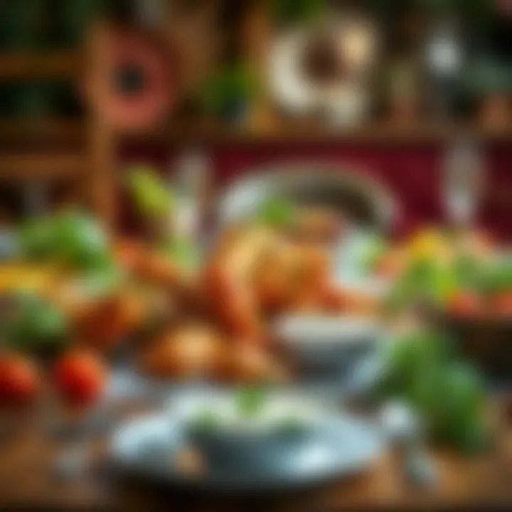 Inviting Table with Ranch Wings A vibrant table setting featuring ranch dressing wings along with fresh vegetables and herbs, inviting for a gathering