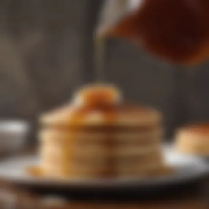 A drizzle of real organic maple syrup over a stack of pancakes