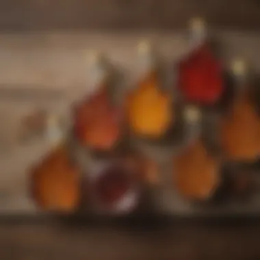 A variety of maple syrup grades showcased on a wooden table