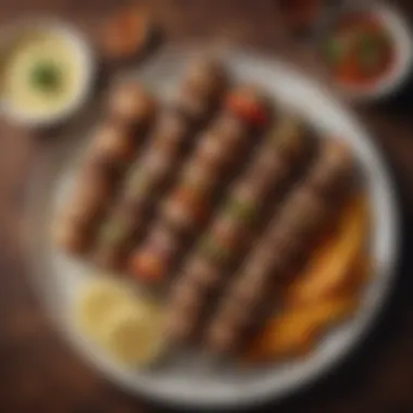 A beautifully arranged plate of kebabs with traditional accompaniments