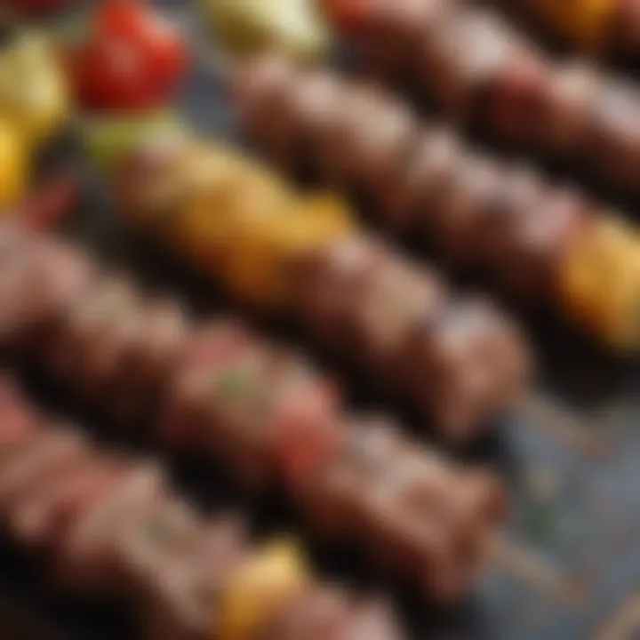 Close-up of marinated meat skewers ready for grilling