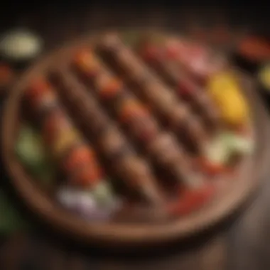 A vibrant display of various Turkish kebabs on a wooden platter