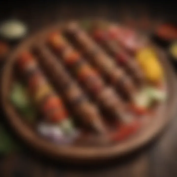 A vibrant display of various Turkish kebabs on a wooden platter