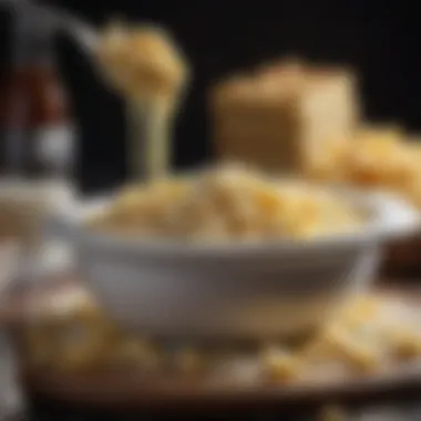 A close-up of creamy ricotta cheese blending with pasta