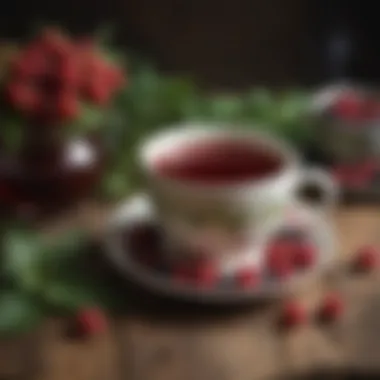 A steaming cup of Rubus tea placed on a wooden table, surrounded by herbal leaves and berries.