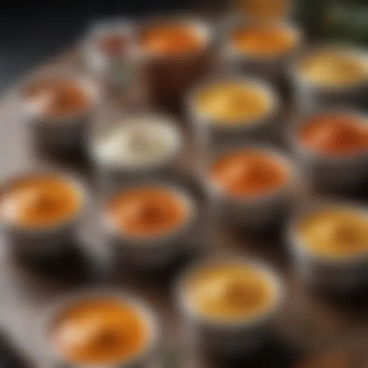 A close-up of gourmet fry sauces presented in elegant dishes, each with unique ingredients.