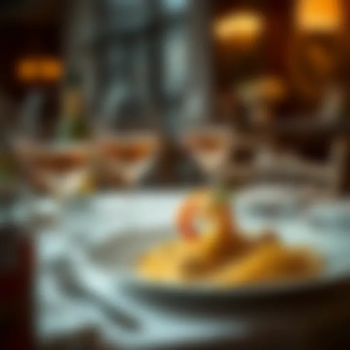 Elevated Dining Experience with Alfredo An elegant dining setting featuring shrimp Alfredo pasta