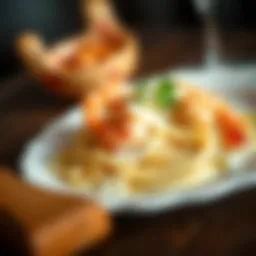 A plate of shrimp Alfredo pasta garnished with parsley and parmesan cheese