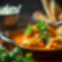 A vibrant bowl of chicken curry garnished with fresh herbs