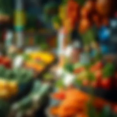 A vibrant market scene filled with fresh produce and herbs