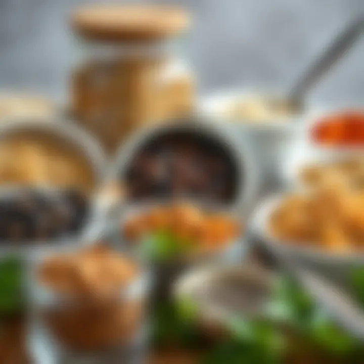 Versatile Ingredients for Affordable Culinary Creations An assortment of grains, legumes, and spices displayed in elegant containers, emphasizing versatility.