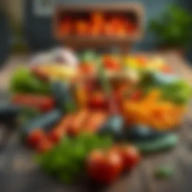 Colorful Vegetable Array for Budget-Friendly Meals A vibrant spread of colorful vegetables arranged artfully on a rustic wooden table.