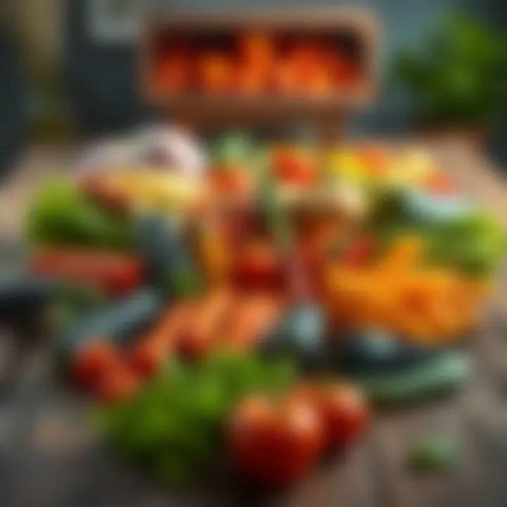 Colorful Vegetable Array for Budget-Friendly Meals A vibrant spread of colorful vegetables arranged artfully on a rustic wooden table.