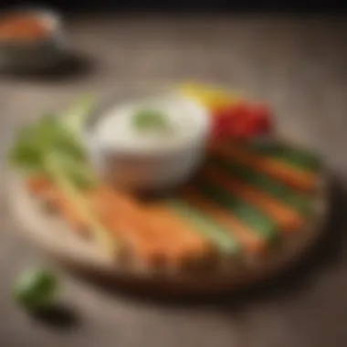 Fresh Vegetable Sticks with Dip An elegant display of vegetable sticks served with a rich, creamy dip.