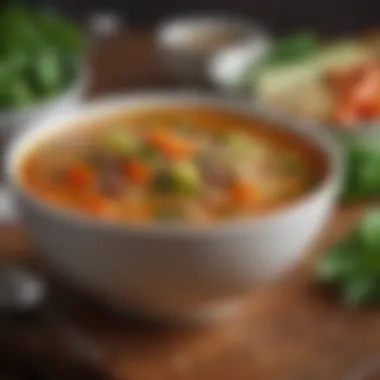 A vibrant bowl of vegetable soup showcasing fresh ingredients