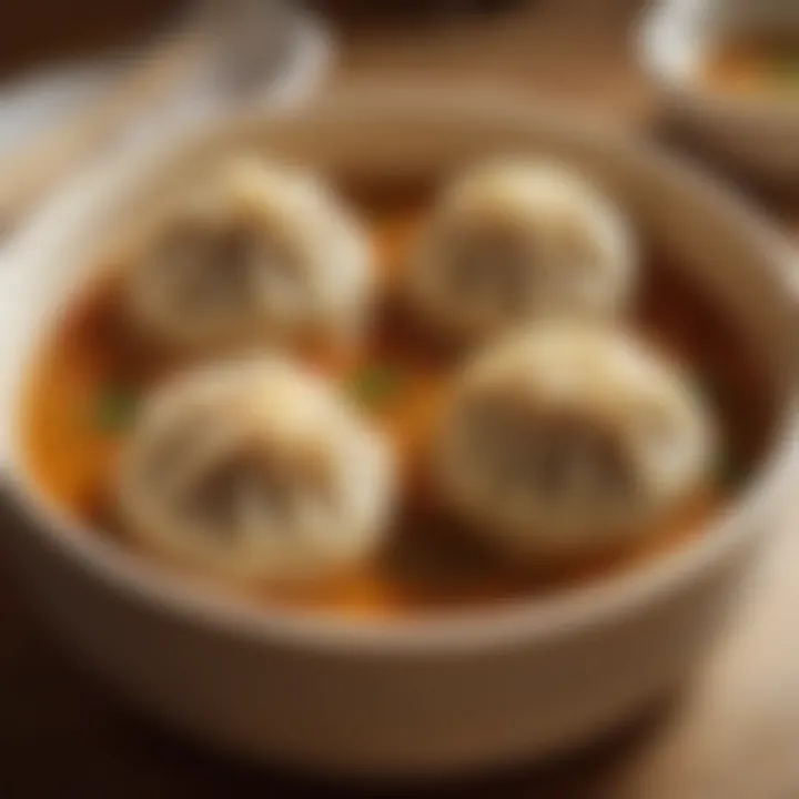 Close-up of a steaming soup dumpling with rich broth oozing from it, ready to be savored.