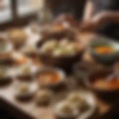 A table set with various dipping sauces and utensils alongside a bowl of soup dumplings.