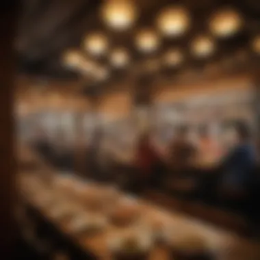 An interior view of a bustling soup dumpling restaurant filled with diners enjoying their meals.