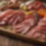 A colorful assortment of spicy cured meats displayed on a rustic wooden board