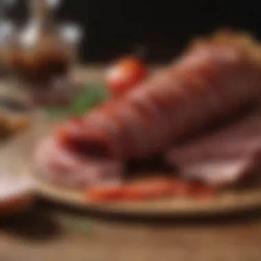 A gourmet dish artfully presented with spicy cured meats as the centerpiece